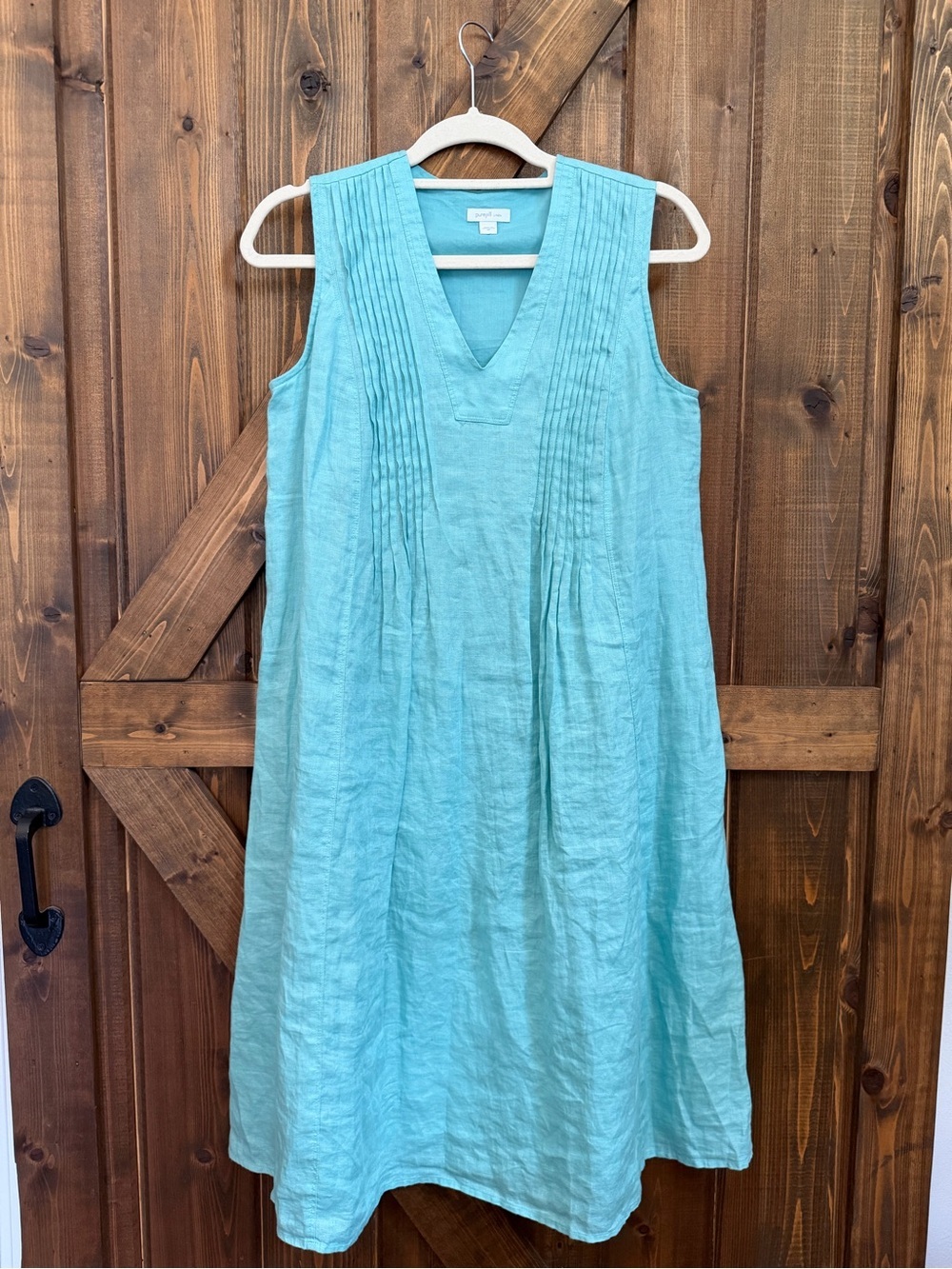 Pure Jill 100% Linen Dress / Cotton Lined Pintucked V-Neck Teal/Aqua Sz XS EUC